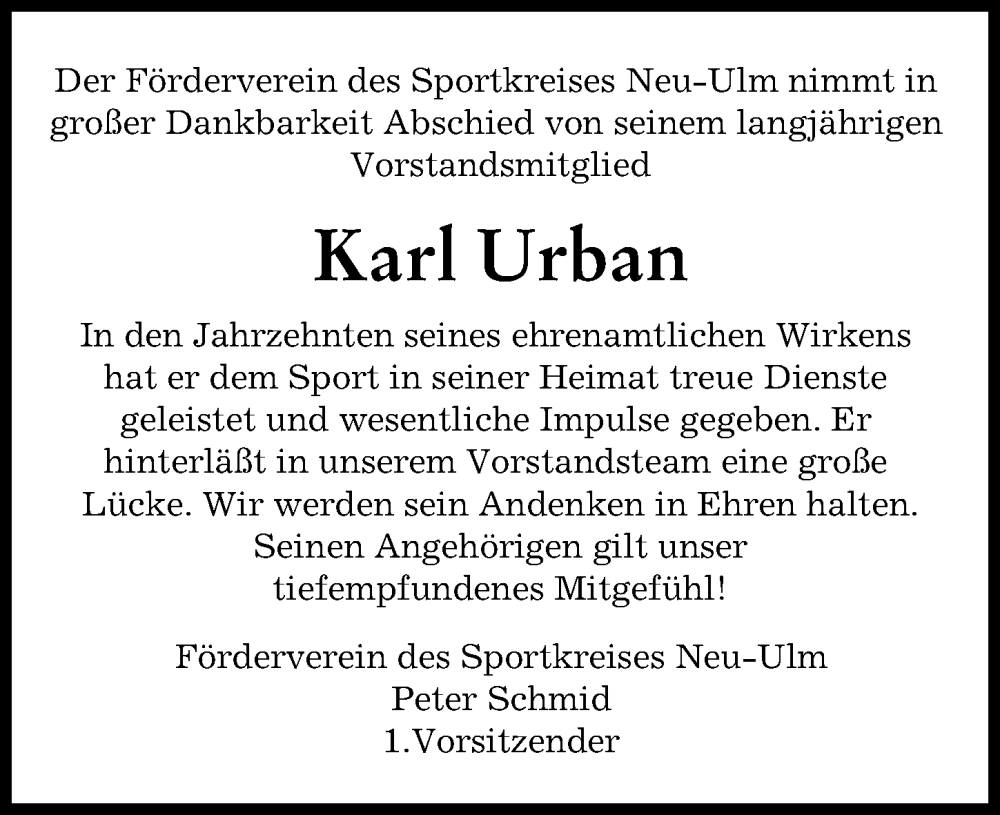  Traueranzeige für Karl Urban vom 23.01.2023 aus Neu-Ulmer Zeitung