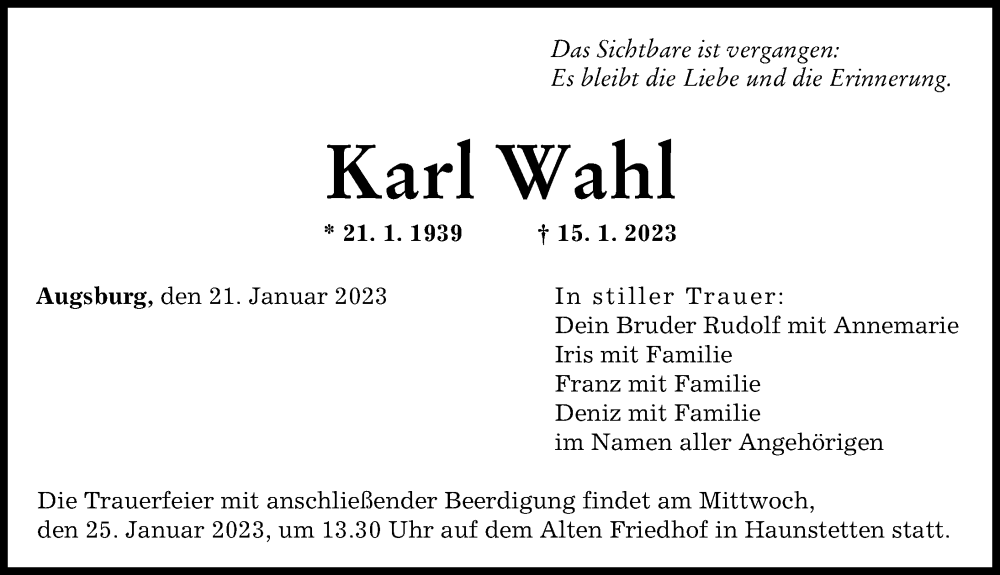  Traueranzeige für Karl Wahl vom 21.01.2023 aus Augsburger Allgemeine
