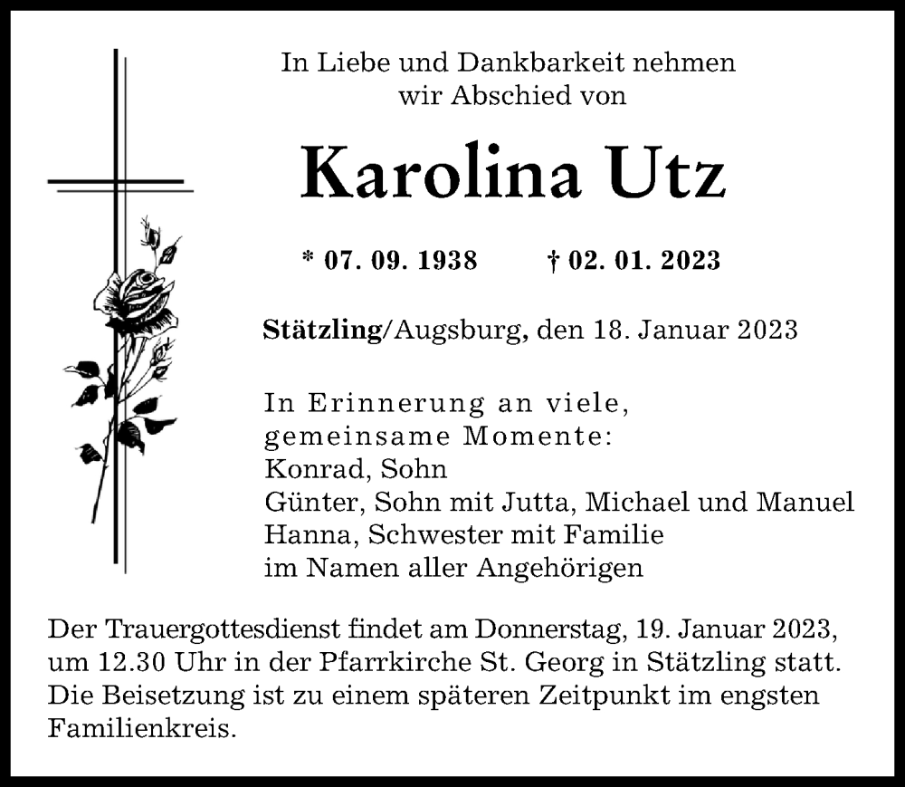Traueranzeige von Karolina Utz von Friedberger Allgemeine, Augsburger Allgemeine