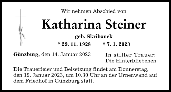 Traueranzeige von Katharina Steiner von Günzburger Zeitung