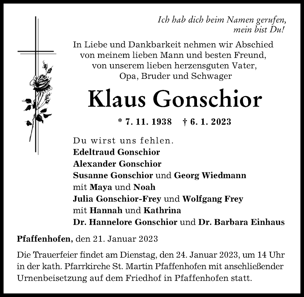 Traueranzeige von Klaus Gonschior von Neu-Ulmer Zeitung