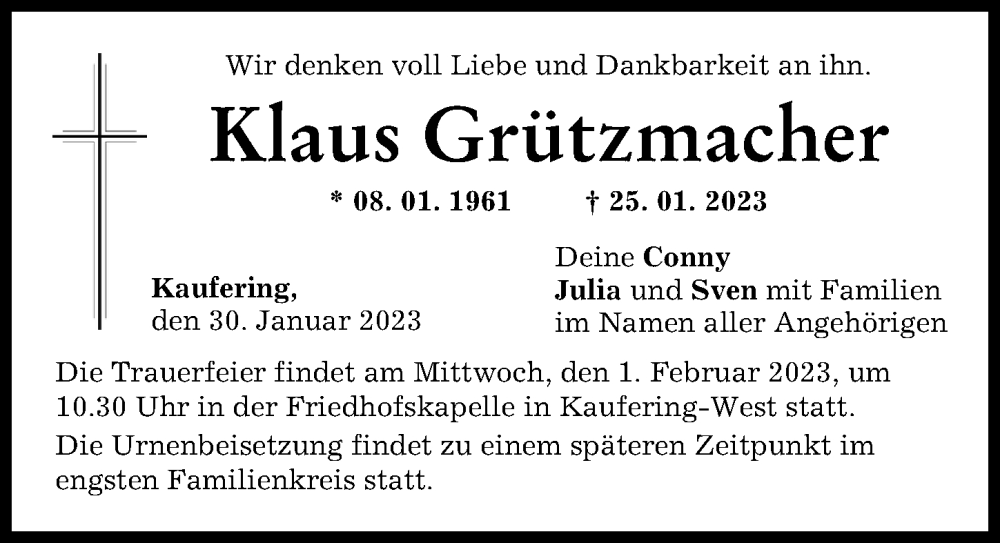  Traueranzeige für Klaus Grützmacher vom 30.01.2023 aus Landsberger Tagblatt