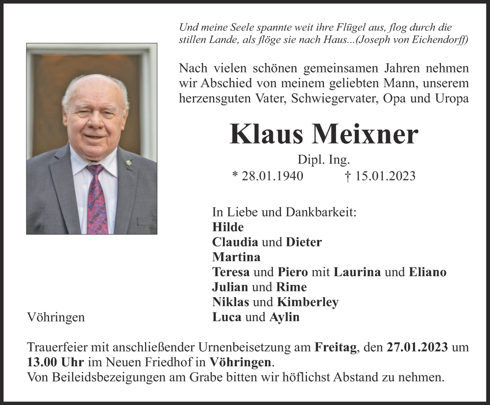  Traueranzeige für Klaus Meixner vom 25.01.2023 aus Illertisser Zeitung