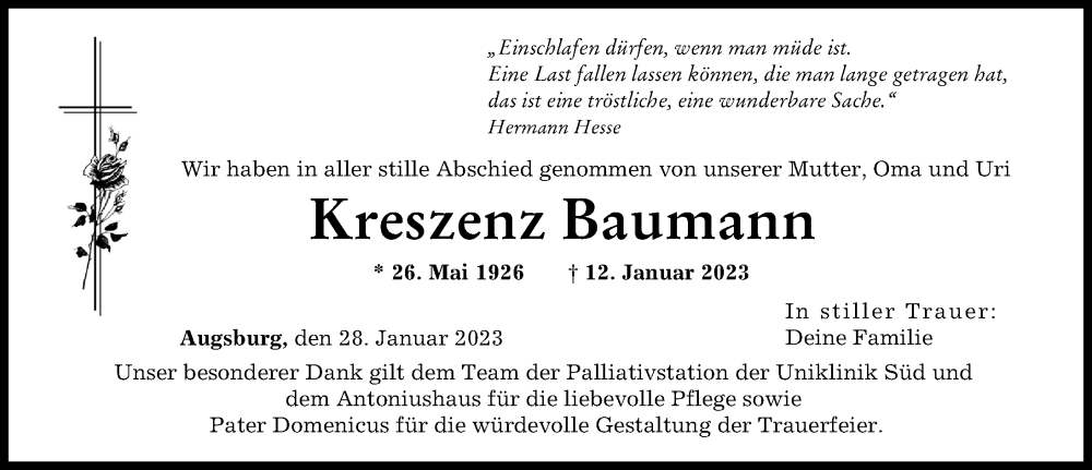  Traueranzeige für Kreszenz Baumann vom 28.01.2023 aus Augsburger Allgemeine