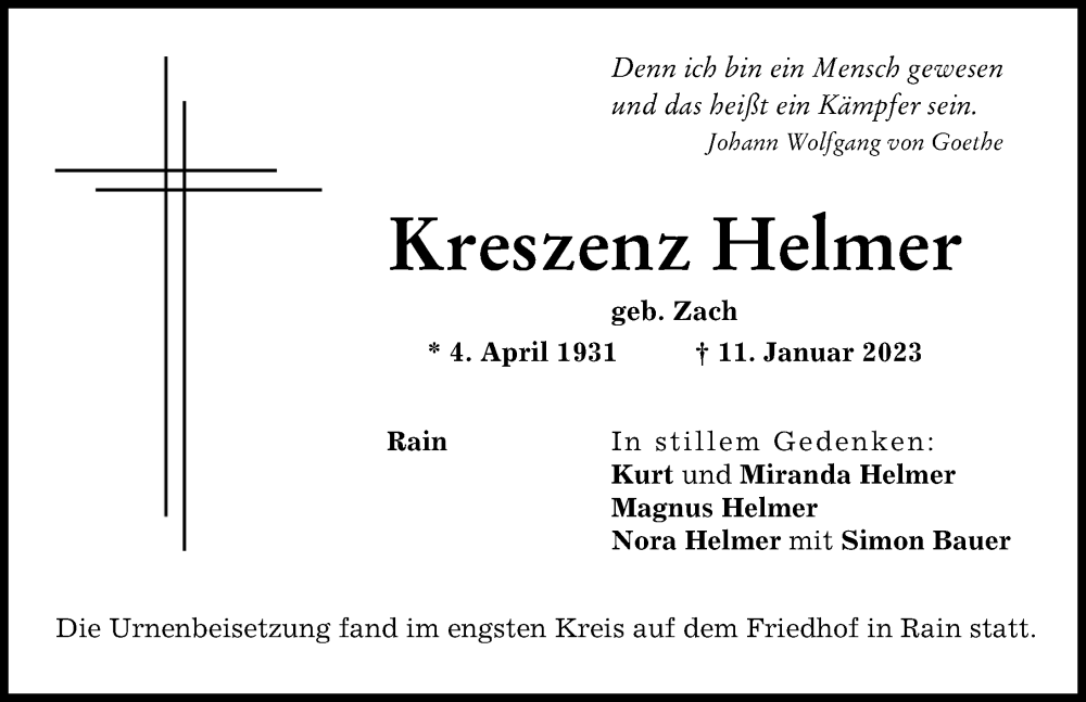  Traueranzeige für Kreszenz Helmer vom 28.01.2023 aus Donauwörther Zeitung