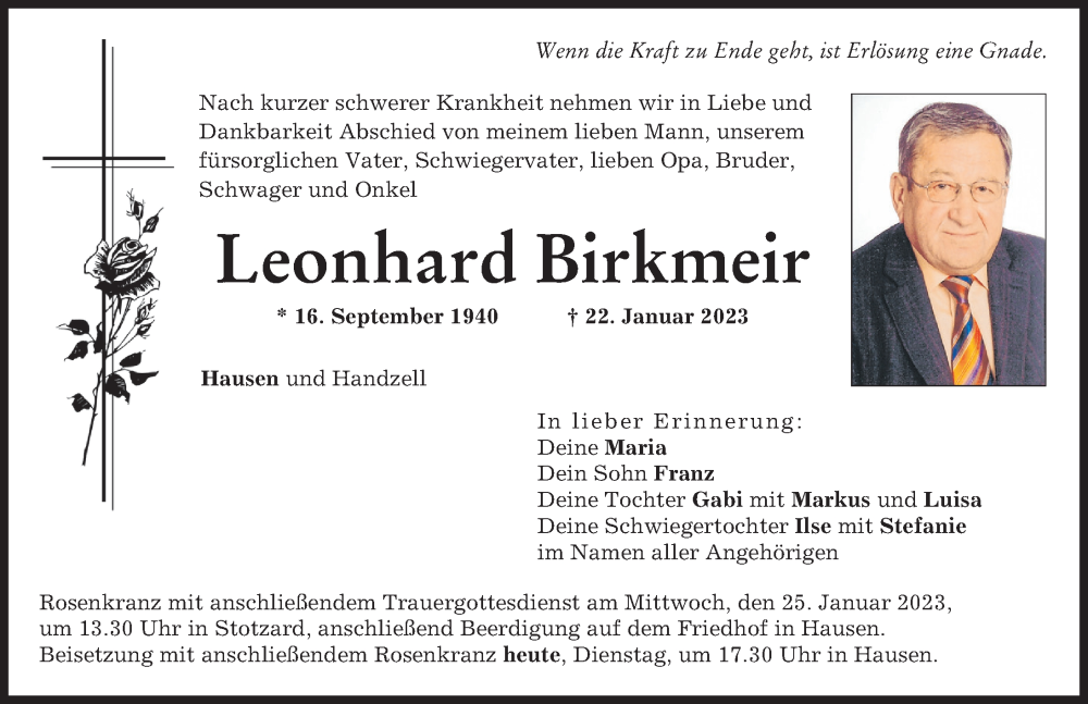  Traueranzeige für Leonhard Birkmeir vom 24.01.2023 aus Aichacher Nachrichten