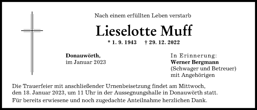 Traueranzeige von Lieselotte Muff von Donauwörther Zeitung