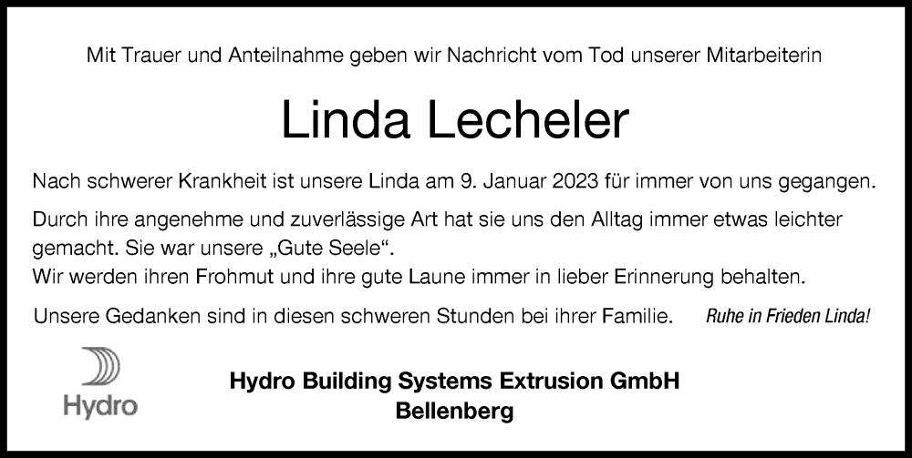  Traueranzeige für Linda Lecheler vom 30.01.2023 aus Neu-Ulmer Zeitung