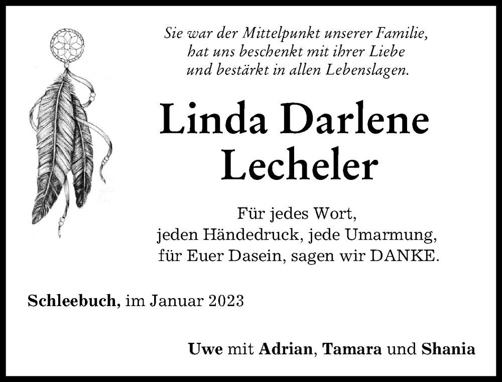  Traueranzeige für Linda Darlene Lecheler vom 30.01.2023 aus Neu-Ulmer Zeitung