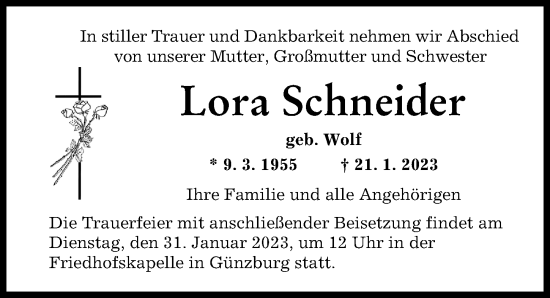 Traueranzeige von Lora Schneider von Günzburger Zeitung