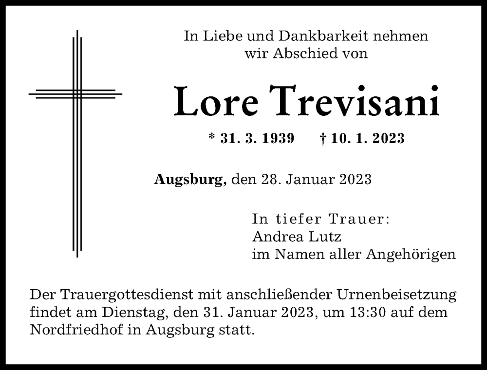  Traueranzeige für Lore Trevisani vom 28.01.2023 aus Augsburger Allgemeine