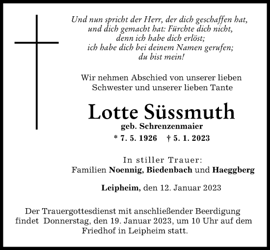 Traueranzeige von Lotte Süssmuth von Günzburger Zeitung