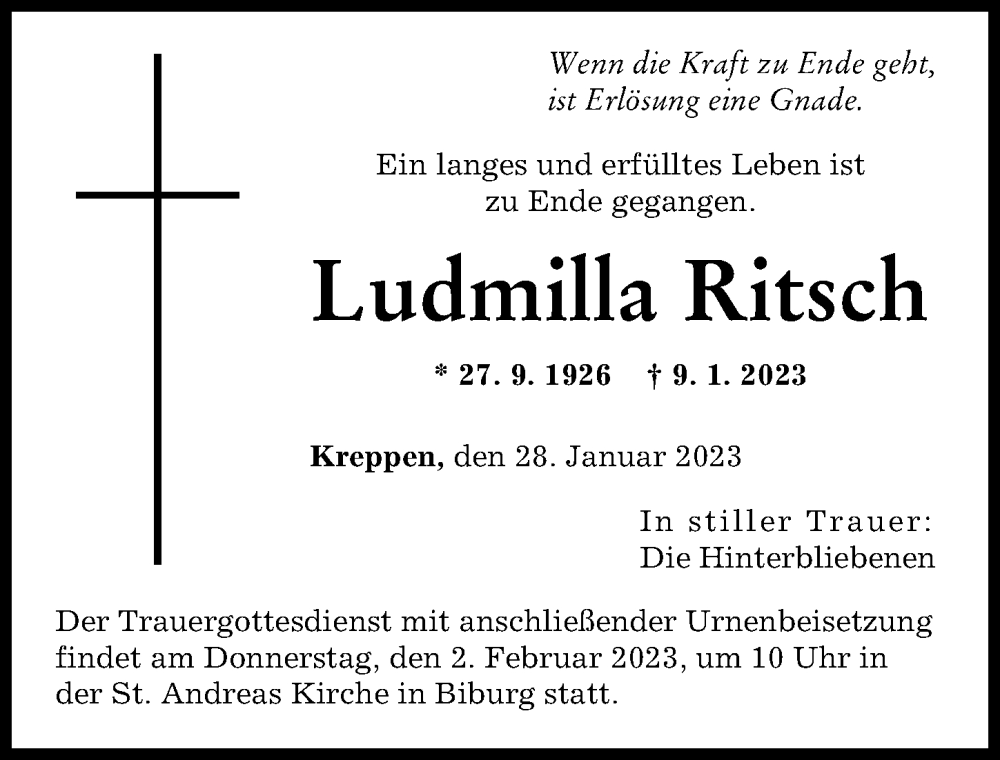  Traueranzeige für Ludmilla Ritsch vom 28.01.2023 aus Augsburger Allgemeine