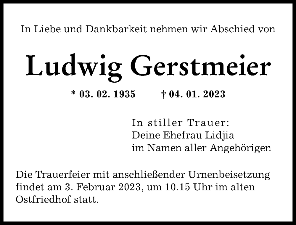  Traueranzeige für Ludwig Gerstmeier vom 28.01.2023 aus Augsburger Allgemeine