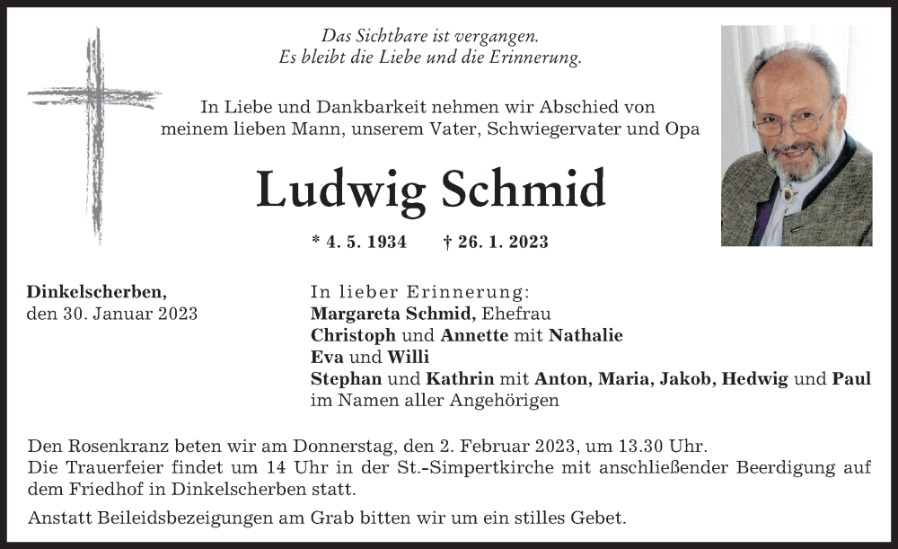  Traueranzeige für Ludwig Schmid vom 30.01.2023 aus Augsburg-Land