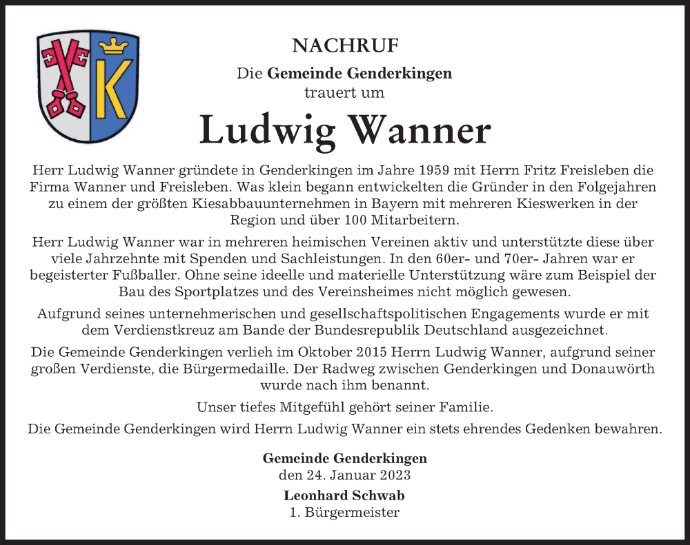 Traueranzeige von Ludwig Wanner von Donauwörther Zeitung