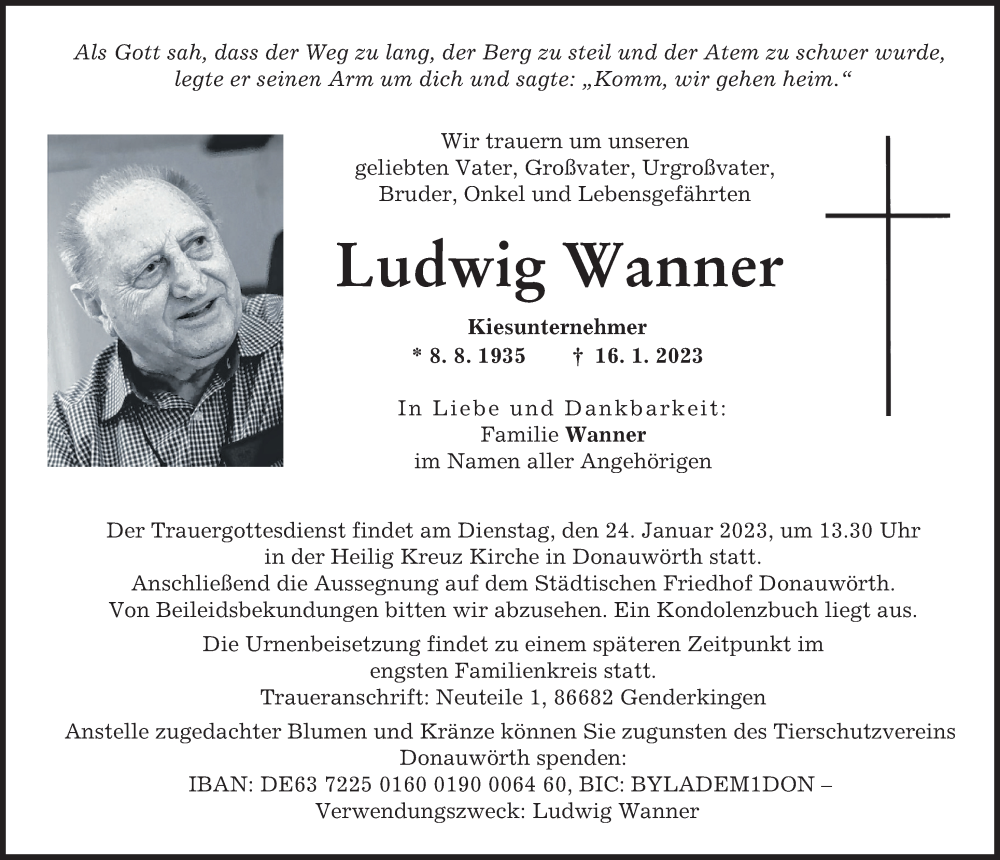  Traueranzeige für Ludwig Wanner vom 19.01.2023 aus Augsburger Allgemeine, Donauwörther Zeitung