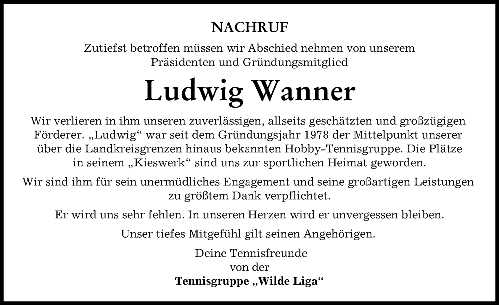 Traueranzeige von Ludwig Wanner von Donauwörther Zeitung