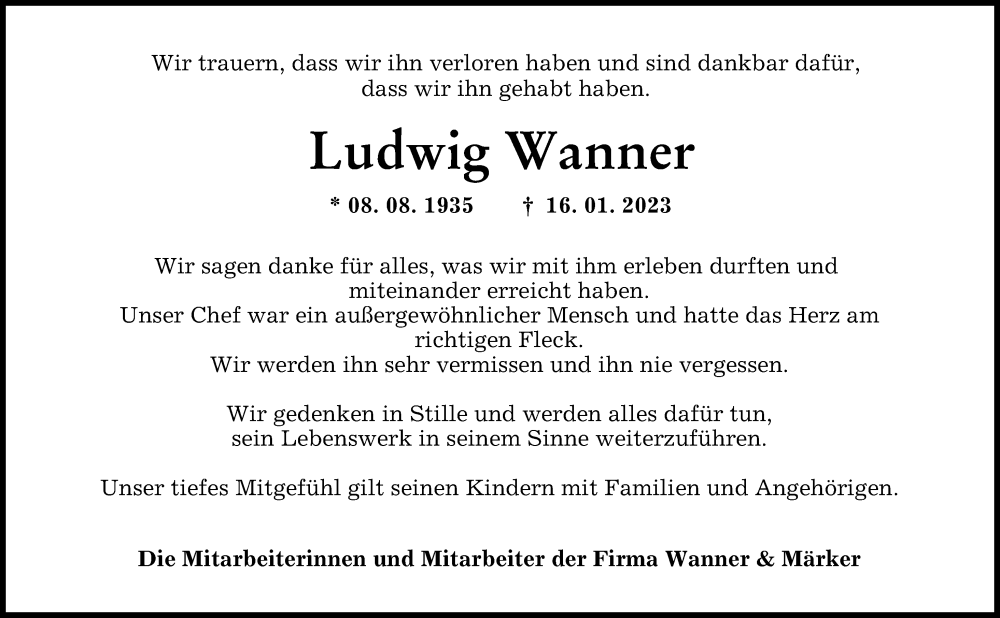 Traueranzeige von Ludwig Wanner von Donauwörther Zeitung