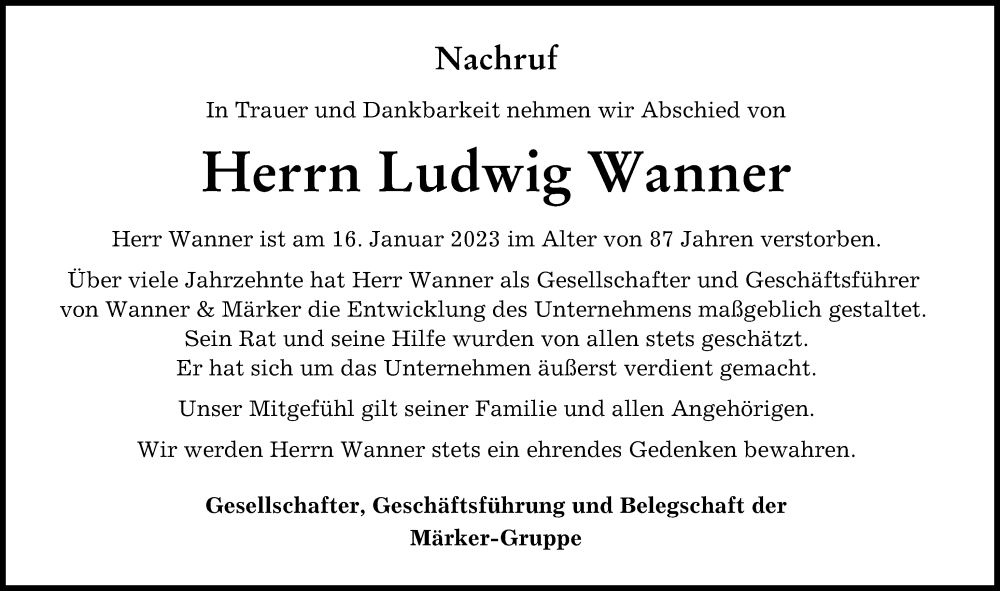  Traueranzeige für Ludwig Wanner vom 21.01.2023 aus Donauwörther Zeitung