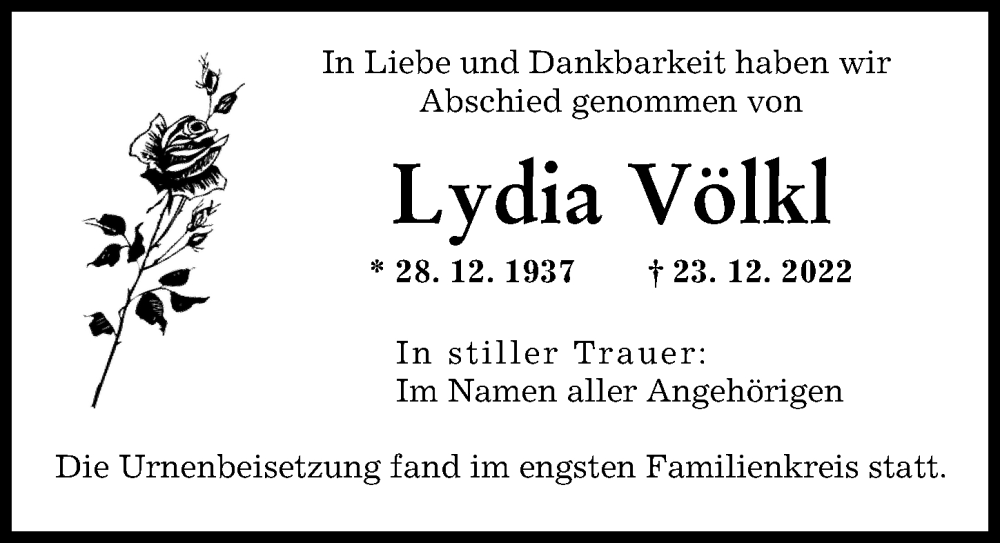  Traueranzeige für Lydia Völkl vom 28.01.2023 aus Landsberger Tagblatt