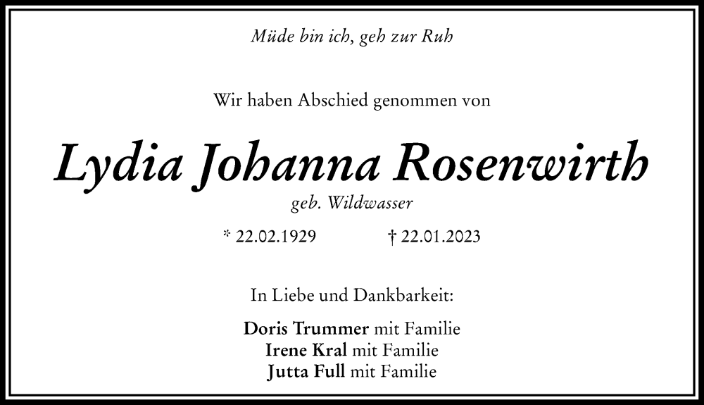  Traueranzeige für Lydia Johanna Rosenwirth vom 28.01.2023 aus Rieser Nachrichten