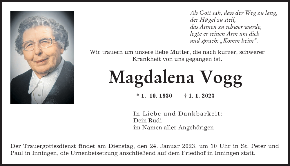  Traueranzeige für Magdalena Vogg vom 21.01.2023 aus Augsburger Allgemeine