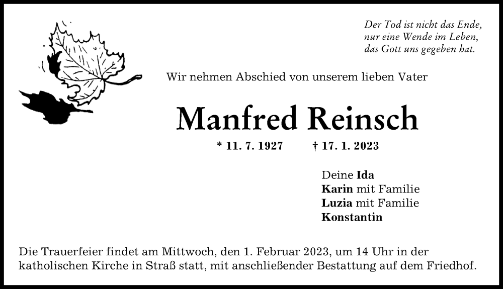  Traueranzeige für Manfred Reinsch vom 25.01.2023 aus Neu-Ulmer Zeitung