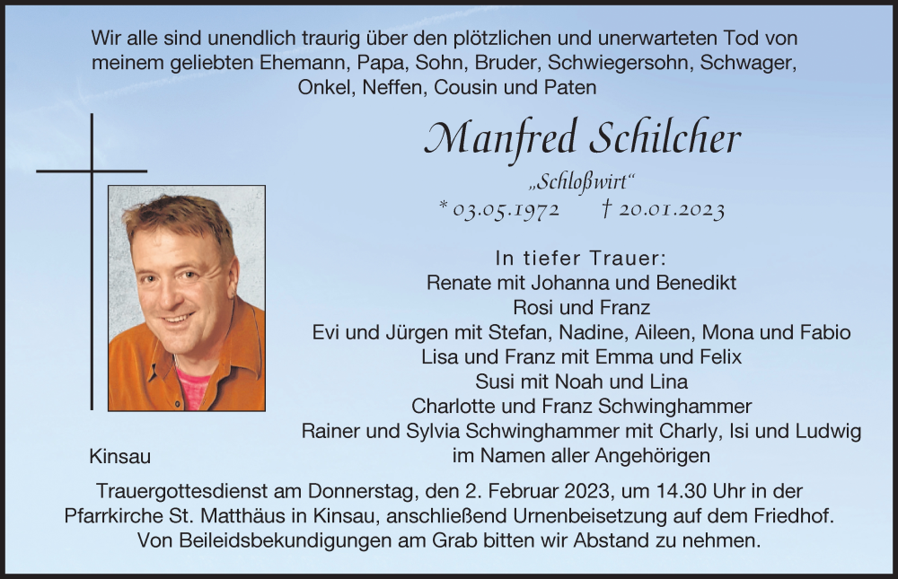  Traueranzeige für Manfred Schilcher vom 28.01.2023 aus Landsberger Tagblatt