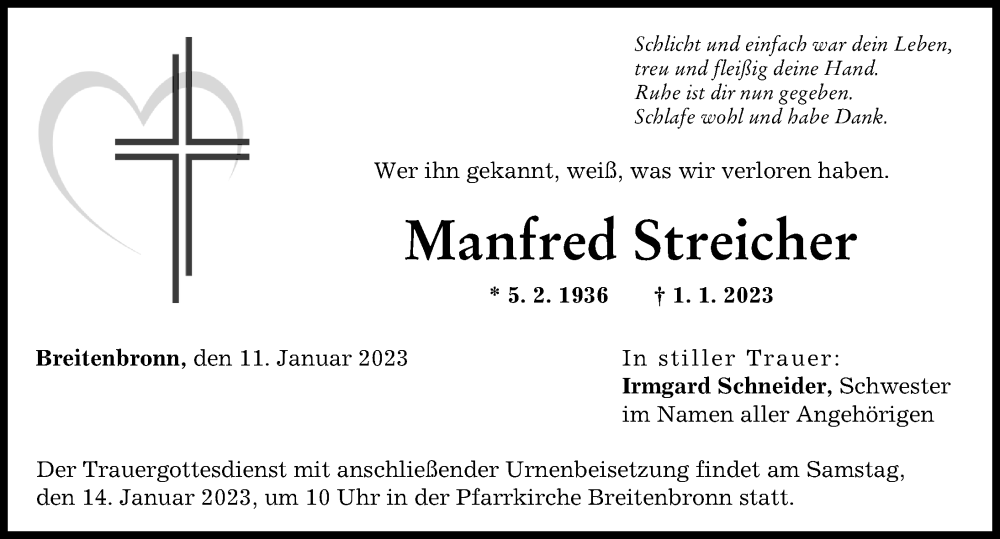  Traueranzeige für Manfred Streicher vom 11.01.2023 aus Augsburg-Land
