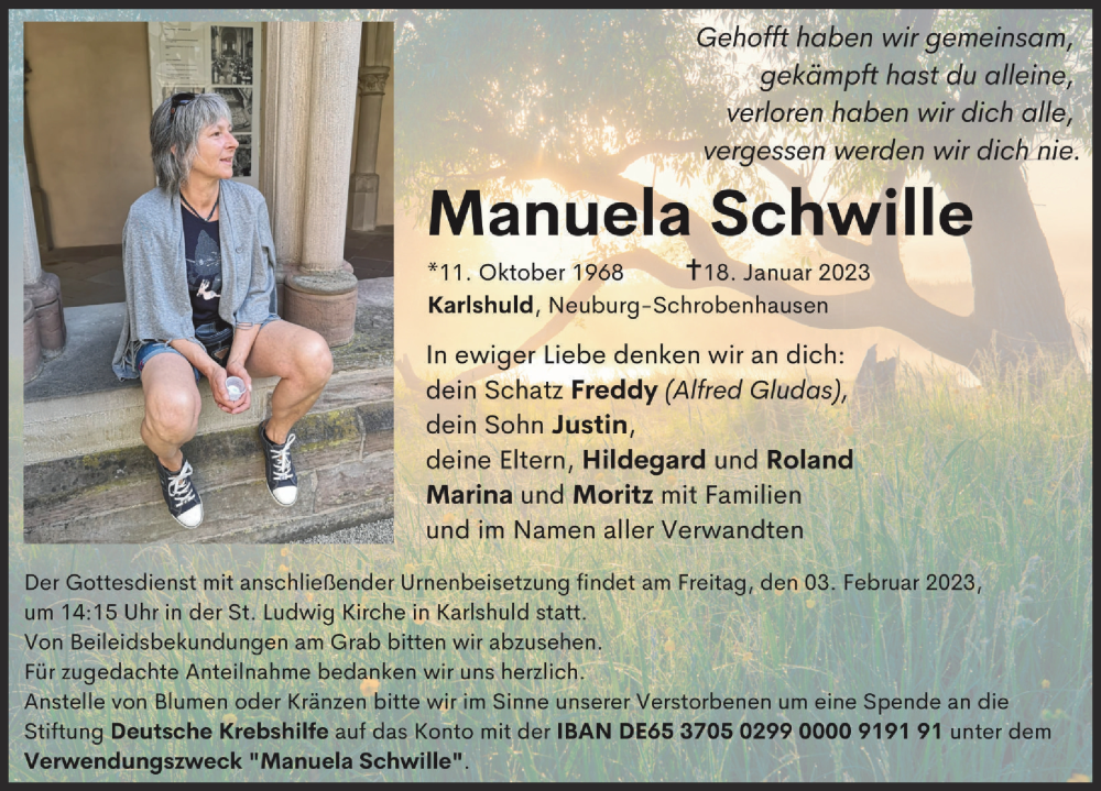  Traueranzeige für Manuela Schwille vom 28.01.2023 aus Neuburger Rundschau