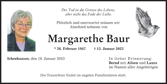 Traueranzeige von Margarethe Baur von Günzburger Zeitung