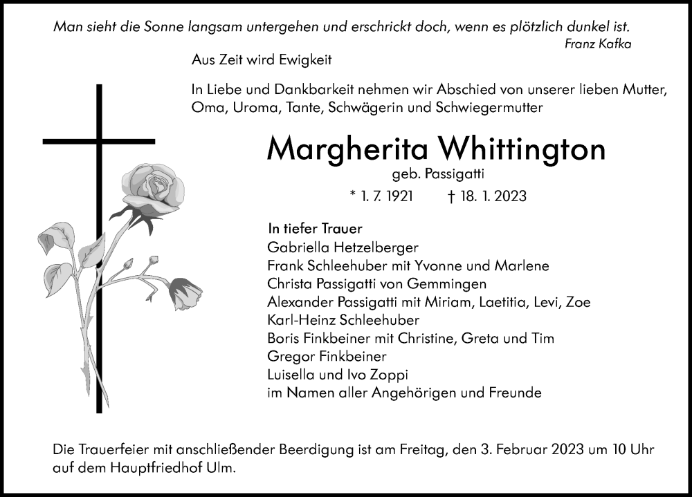  Traueranzeige für Margherita Whittington vom 28.01.2023 aus Augsburger Allgemeine, Neu-Ulmer Zeitung