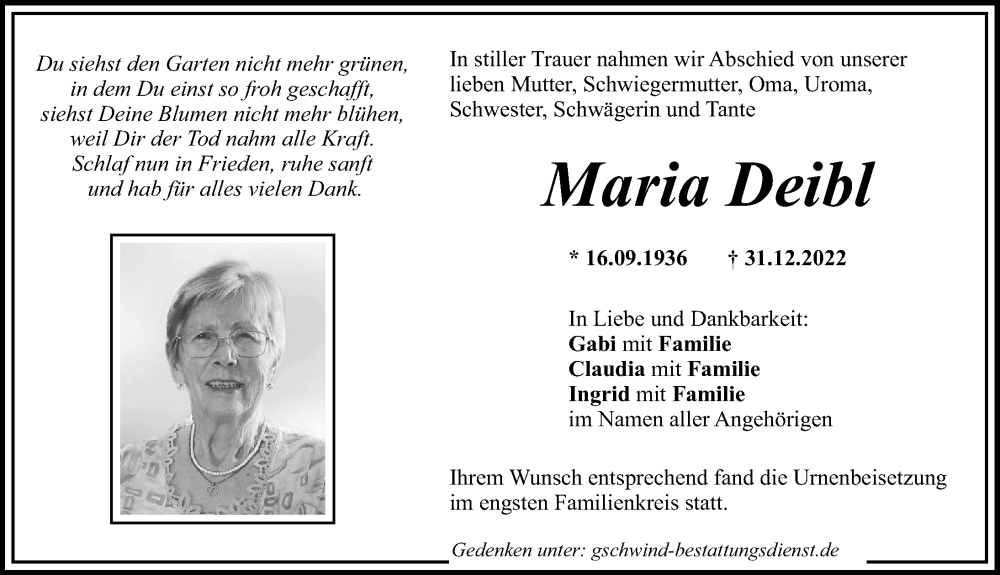 Traueranzeige von Maria Deibl von Mittelschwäbische Nachrichten