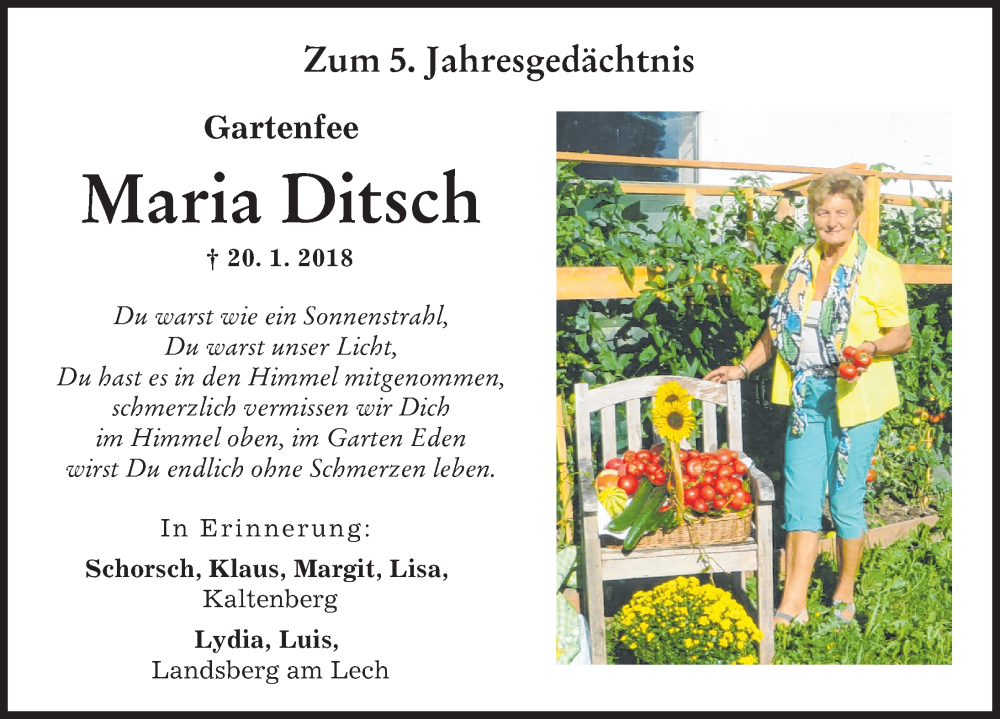 Traueranzeige von Maria Ditsch von Landsberger Tagblatt
