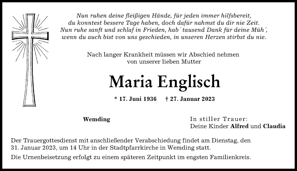  Traueranzeige für Maria Englisch vom 30.01.2023 aus Donauwörther Zeitung