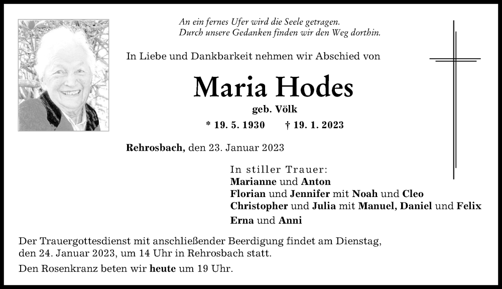 Traueranzeige von Maria Hodes von Friedberger Allgemeine