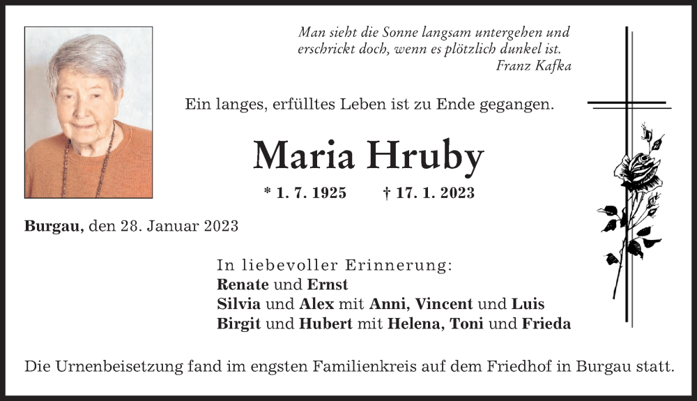  Traueranzeige für Maria Hruby vom 28.01.2023 aus Günzburger Zeitung