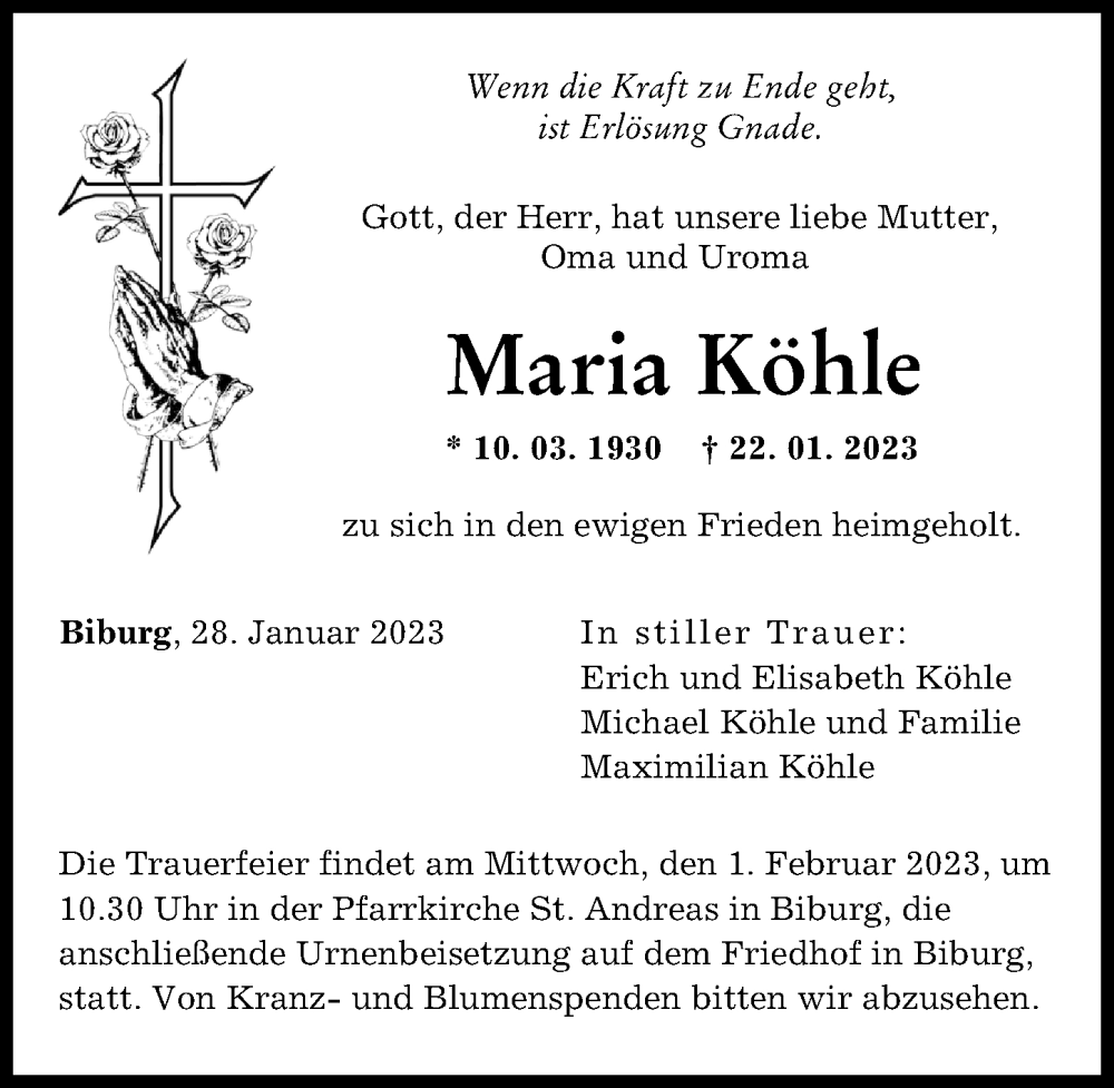  Traueranzeige für Maria Köhle vom 28.01.2023 aus Augsburger Allgemeine