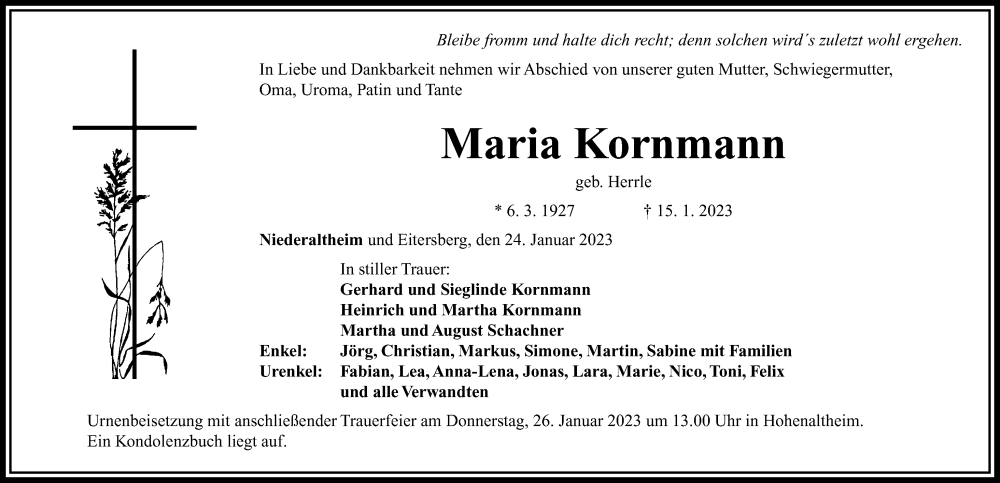  Traueranzeige für Maria Kornmann vom 24.01.2023 aus Rieser Nachrichten