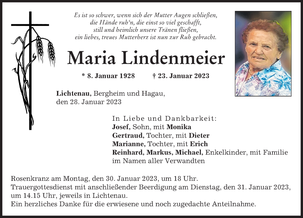  Traueranzeige für Maria Lindenmeier vom 28.01.2023 aus Neuburger Rundschau
