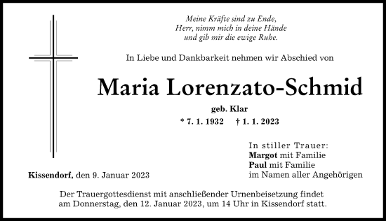 Traueranzeige von Maria Lorenzato-Schmid von Günzburger Zeitung