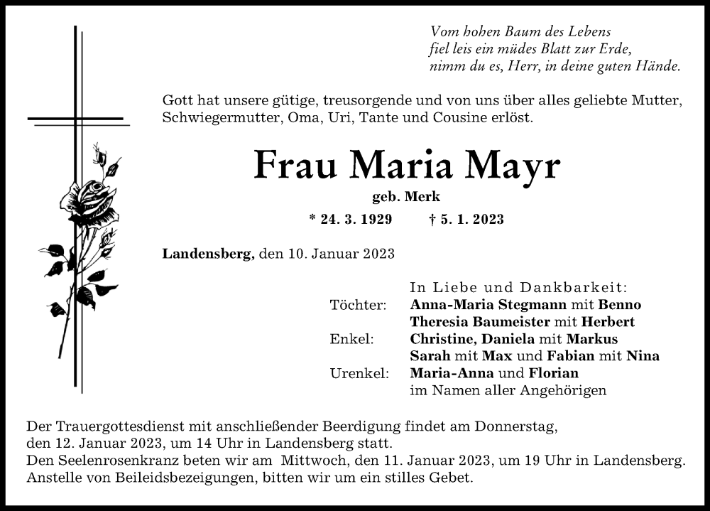 Traueranzeigen Von Maria Mayr Augsburger Allgemeine Zeitung