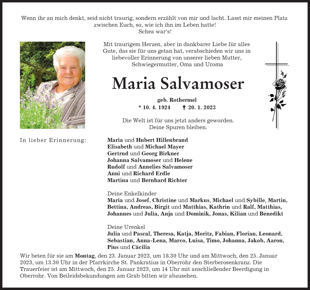  Traueranzeige für Maria Salvamoser vom 23.01.2023 aus Mittelschwäbische Nachrichten
