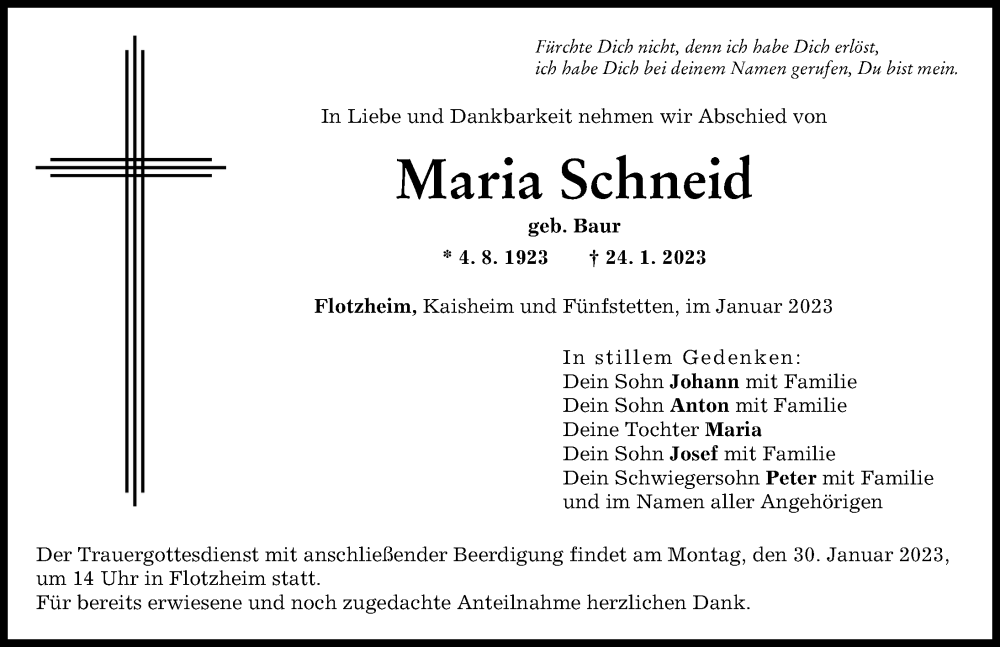  Traueranzeige für Maria Schneid vom 26.01.2023 aus Donauwörther Zeitung