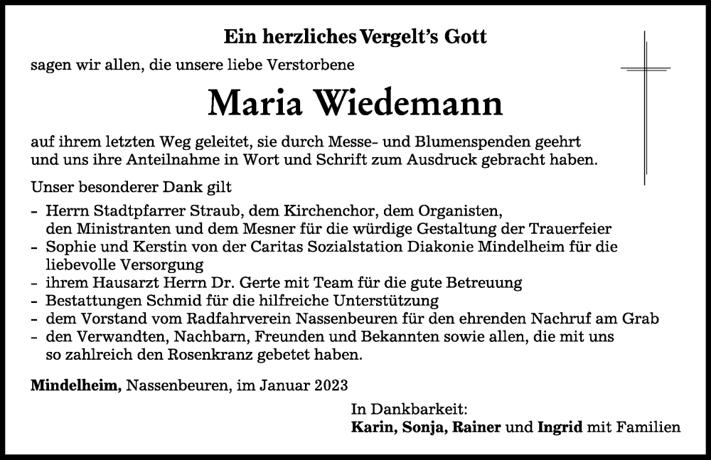 Traueranzeige von Maria Wiedemann von Mindelheimer Zeitung