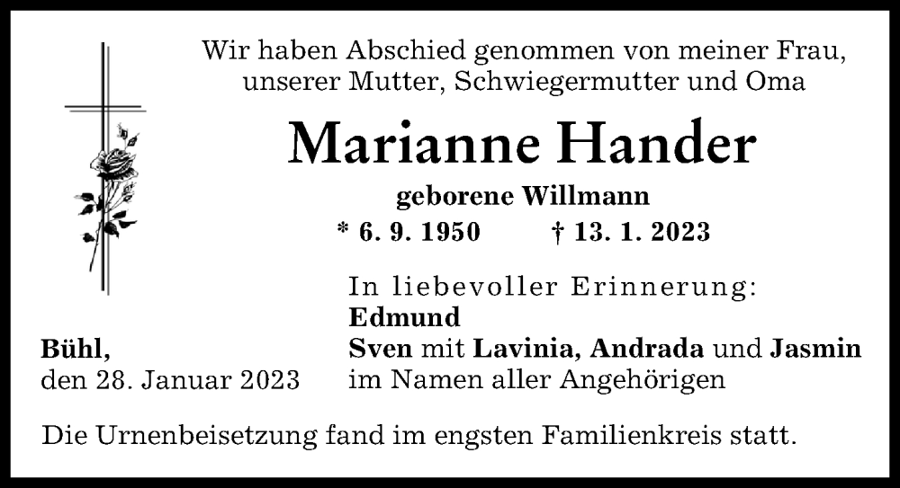  Traueranzeige für Marianne Hander vom 28.01.2023 aus Günzburger Zeitung
