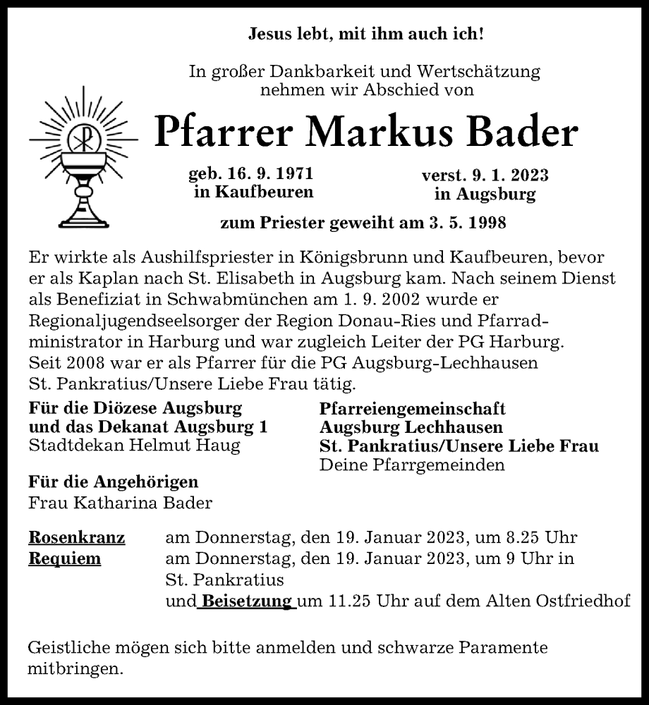  Traueranzeige für Markus Bader vom 14.01.2023 aus Augsburger Allgemeine