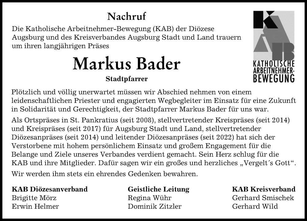  Traueranzeige für Markus Bader vom 14.01.2023 aus Augsburger Allgemeine