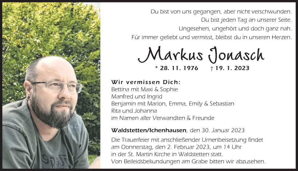  Traueranzeige für Markus Jonasch vom 30.01.2023 aus Mittelschwäbische Nachrichten, Günzburger Zeitung